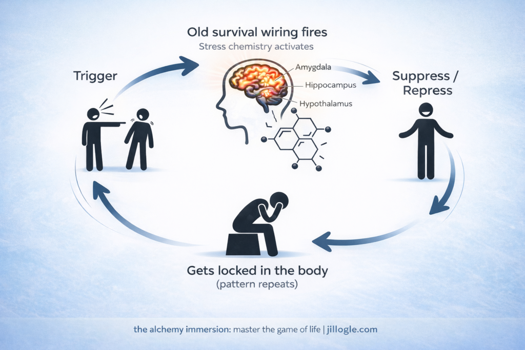 Emotional trigger model showing how the triggers keeps getting activated in other shadow work mob=dels